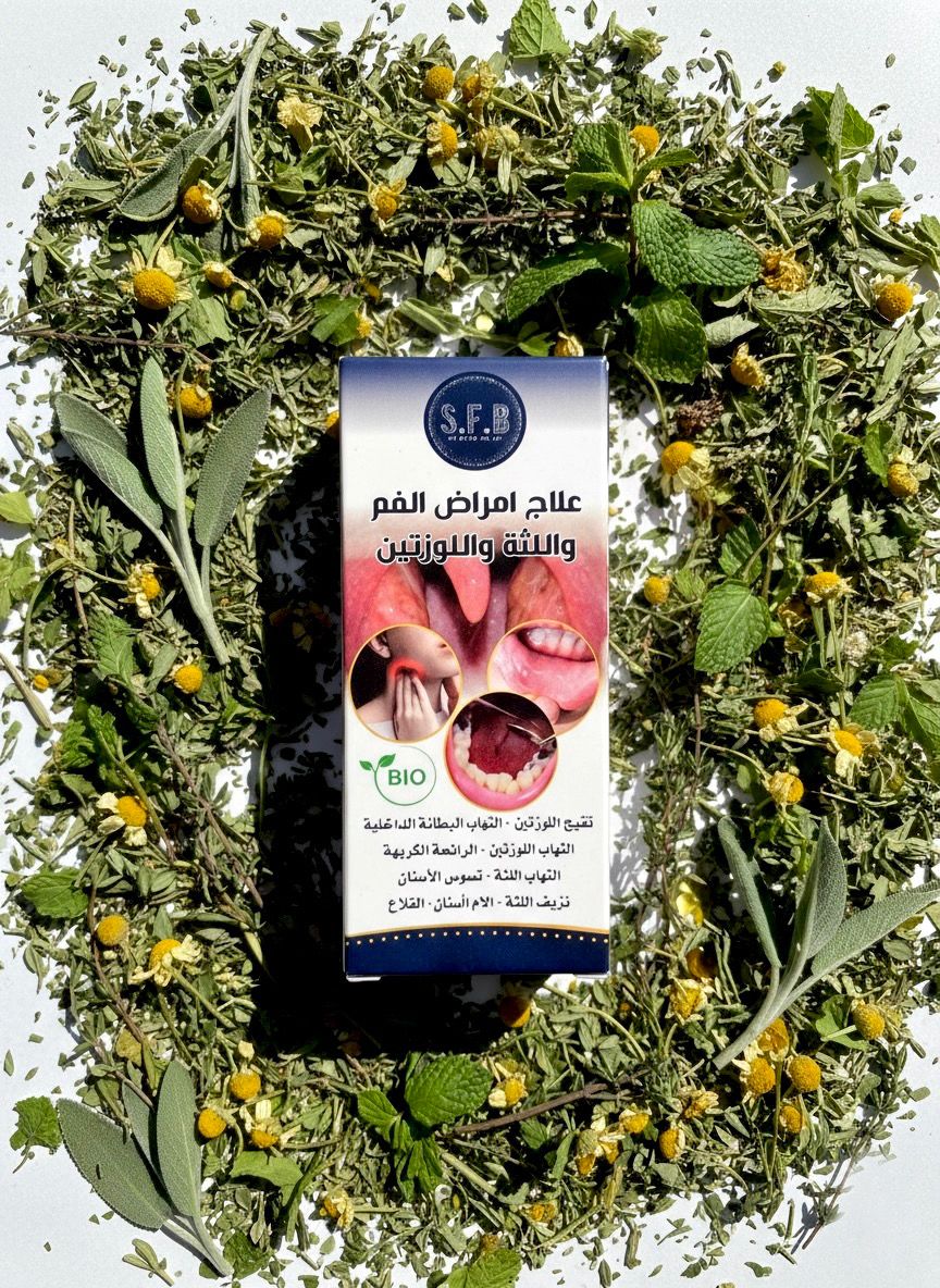 علاج أمراض الفم واللثة واللوزتين – تركيبة طبيعية للحماية والعناية الفموية | SFB علاج طبيعي لأمراض الفم واللثة واللوزتين | مستخلص من الأعشاب والزيوت النباتية | منتجات SFB